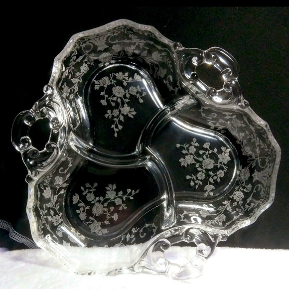 CAMBRIDGE ROSE POINT Etched Three Part Divided RELISH BOWL I Dish Vintage - Picture 1 of 3